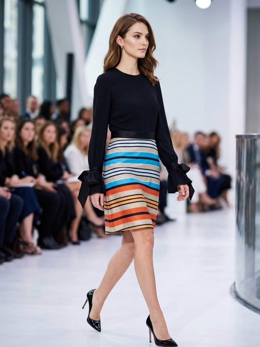 Mary Katrantzou Striped Silk Blend Dress Sz UK 8 IT 40 US 4 Bow Cuff Long Sleeve